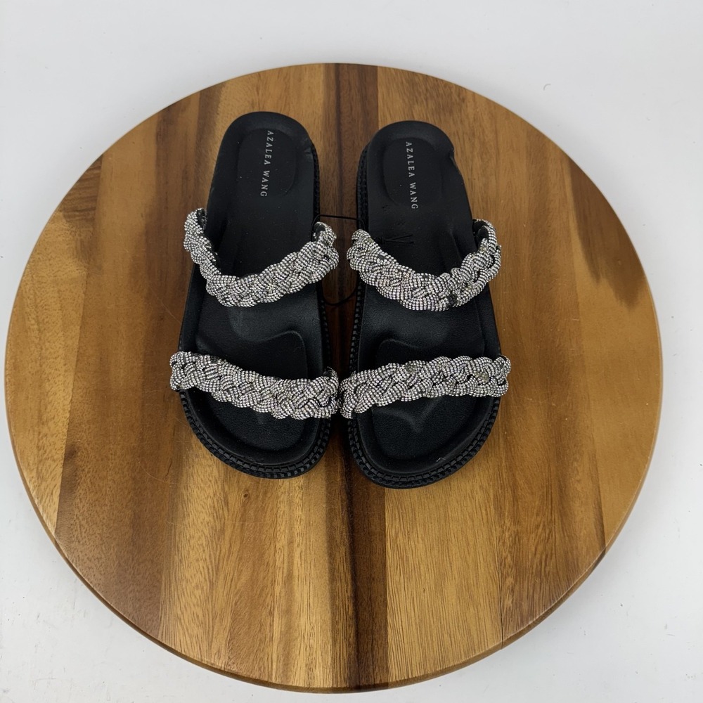 New NWOB Azalea Wang Nikolina Braided Rhinestone Platform Slides Sandal Size 7.5